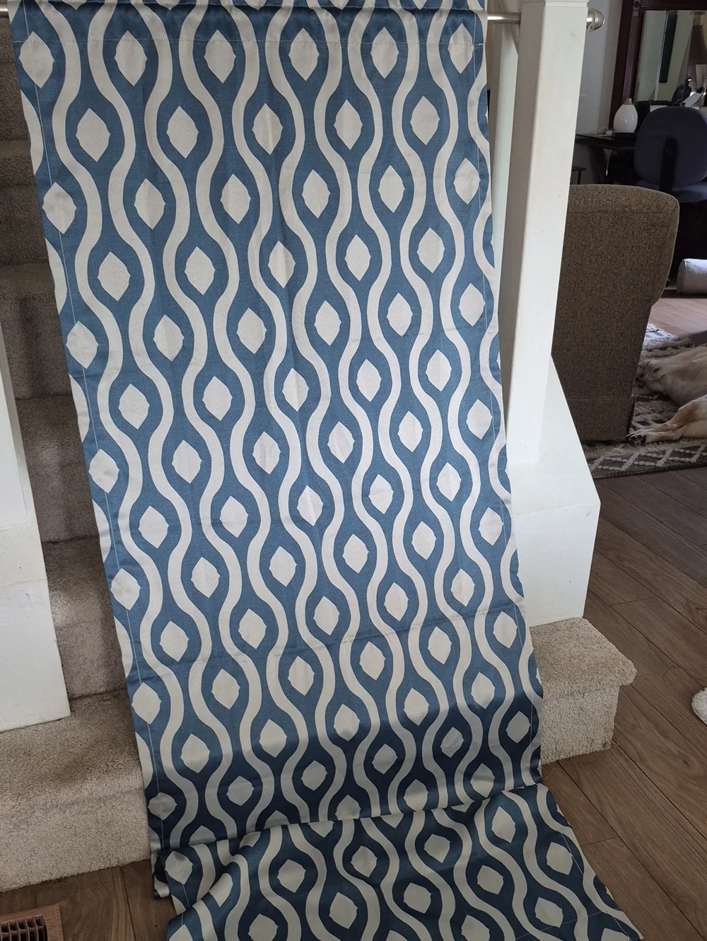 Mainstays Blue and White Wave-Geo Curtain Panel 30x84